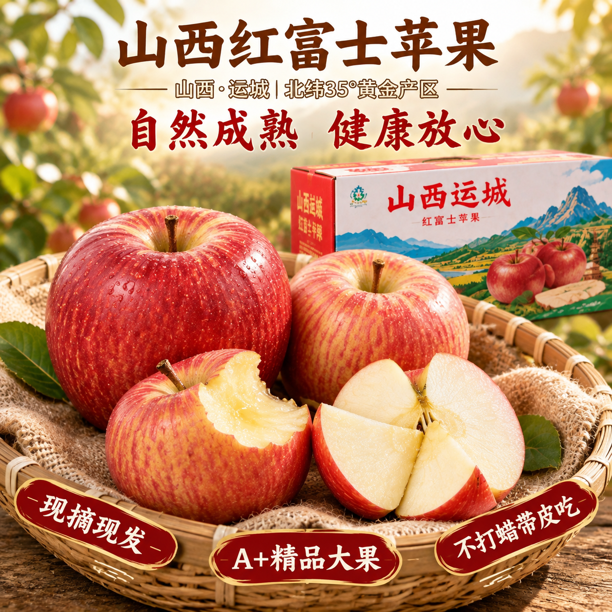 [主图-5] 山西运城红富士苹果编织筐文艺场景图，突出自然成熟… - 图片创意预览