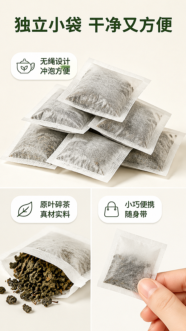 [第7张] 详情页包装细节-铁观音无绳茶包独立小袋便携防潮设计展示。本张使用【图1】作为产品参考，茶包外观保持一致。
[氛围/风格] 产品细节展示风，干净利落，商业摄影质感，突出包装设计优势。
[元素布局] 画面上半部分为茶包堆叠特写，5-6包白色无绳茶包整齐堆叠成小山状，滤纸纹理清晰，茶包方正饱满；下半部分左侧为茶包撕开的细节特写，展示内部铁观音茶叶碎末；右侧为一只手拿起一包茶包的动作，展示便携尺寸；背景为纯净浅米色，底部有淡淡的阴影；茶包外观与输入图一致，白色滤纸无提绳。
[光影质感] 顶部均匀柔光，茶包边缘清晰，滤纸纹理细腻，内部茶叶颗粒分明，整体干净通透。
[配色色系] 全局底色 #F8F5EE 浅米茶色；主色深绿色 #2D5A27；辅助色白色、浅褐色茶叶。
[视角构图] 上下分屏布局，上半部分茶包堆全景，下半部分左右分两个细节特写，阅读动线从上到下。
[文字版式] 顶部主标题「独立小袋 干净又方便」，深绿色粗黑体；三个卖点标签：茶包堆旁「无绳设计 冲泡方便」，撕开细节旁「原叶碎茶 真材实料」，手拿茶包旁「小巧便携 随身带」；每个卖点配小图标，深绿色字，白色圆角底。
[比例分辨率] 9:16 竖版比例，4K分辨率，文字清晰可辨，高清画质。
[负向提示词] 茶包变形，有提绳，颜色偏差，水印，文字错乱，背景杂乱。