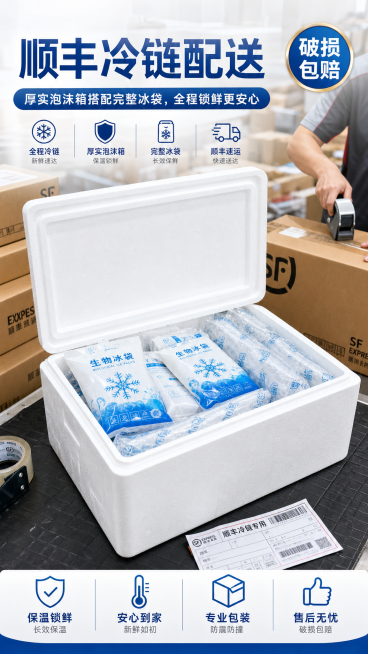 冷链物流包装展示，厚实泡沫箱搭配完整冰袋，展示物流发货场景，文案体现顺丰冷链配送和破损包赔承诺预览效果