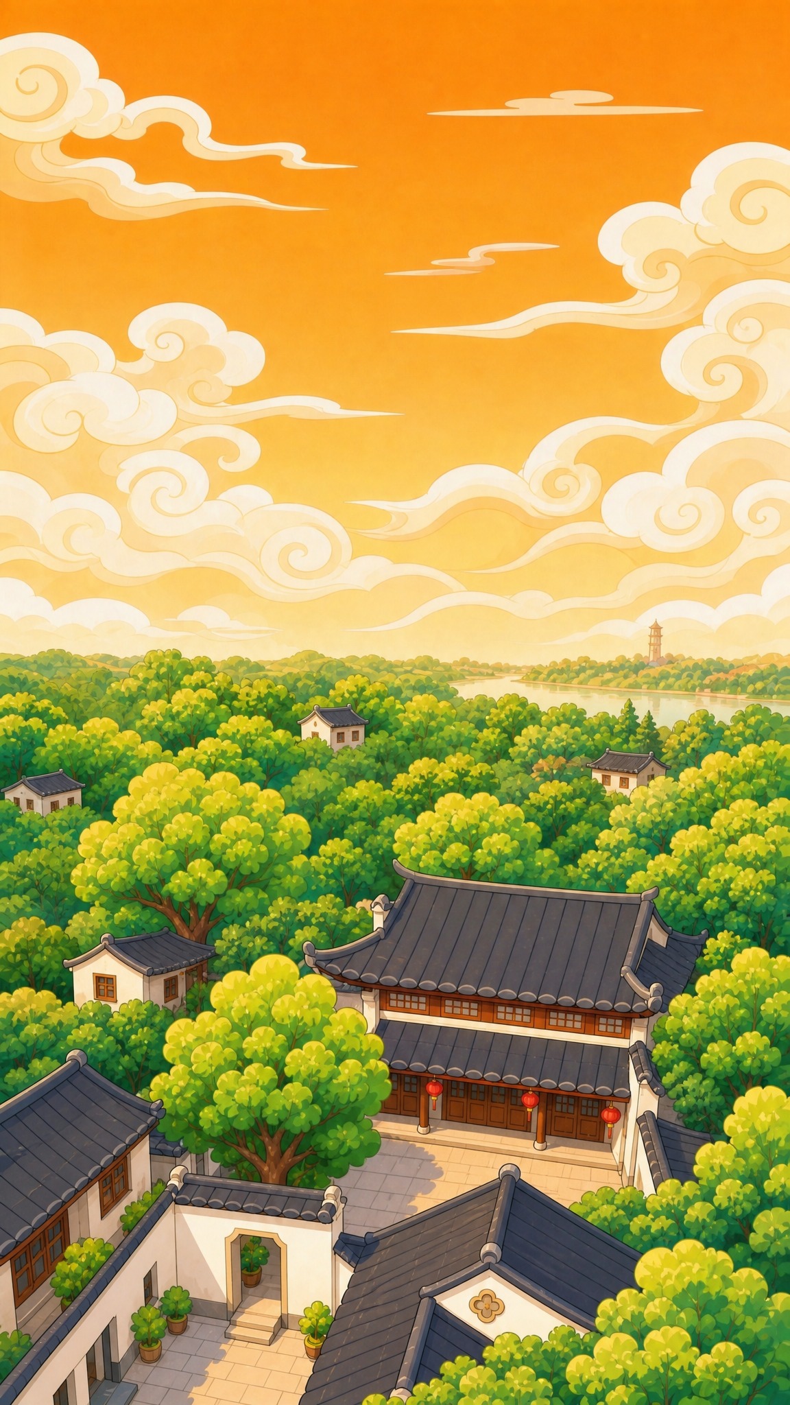 保持竖版构图、天空祥云和整体国潮卡通风格不变。减少画面中的房屋… - 图片创意预览