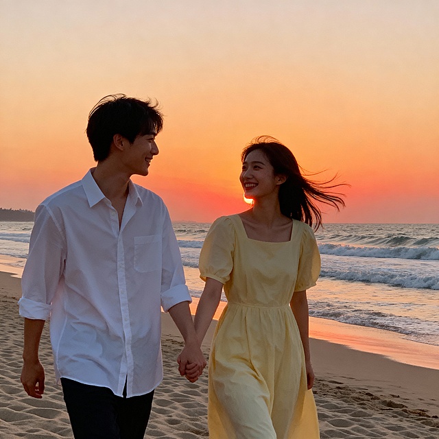 帮我生成20个写实风格的甜蜜浪漫主题的情侣照片，背景包括海边日落、蓝天绿地、室内温馨场景与黑白漫画等多种风格，情侣们或相拥、比心、亲吻、对视互动，整体色调丰富多变，洋溢着温暖幸福的氛围，呈现多样化的浪漫视觉叙事风格。