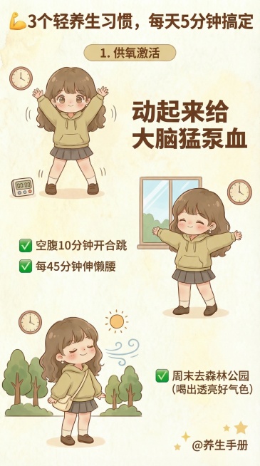 模仿参考图的日系治愈卡通风格，暖棕黄低饱和色调，Q版卷发女孩，分三个养护板块：1.供氧激活：女孩做开合跳、伸懒腰、户外深呼吸，文字“动起来给大脑猛泵血”，标注“空腹10分钟开合跳”“每45分钟伸懒腰”预览效果