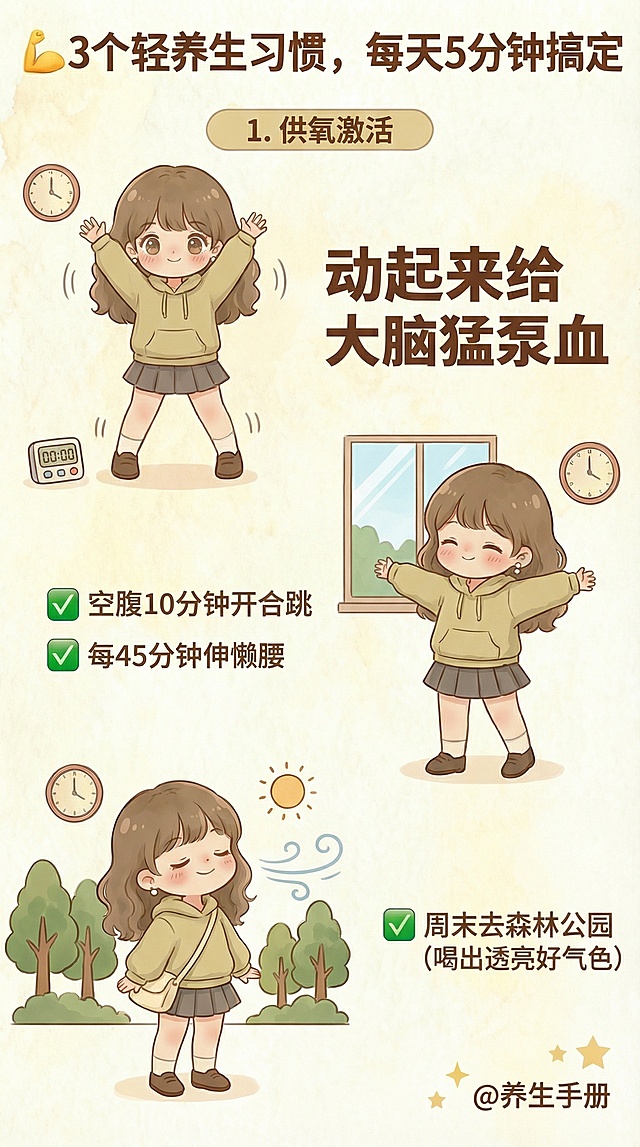 模仿参考图的日系治愈卡通风格，暖棕黄低饱和色调，Q版卷发女孩，分三个养护板块：1.供氧激活：女孩做开合跳、伸懒腰、户外深呼吸，文字“动起来给大脑猛泵血”，标注“空腹10分钟开合跳”“每45分钟伸懒腰”“周末去森林公园”；2.搭配计时器、树木等场景小元素，绿色对勾标识要点，底部标注@养生手册