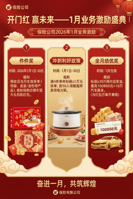 一、件件奖（年货+红包+电火锅）
活动规则
•时间范围：2026年1月1日-30日（预收且当月生效的保单）
•排除情况：拆单件、互保件不计入
奖励详情（按产品分档）
产品类别	单件标保范围	“来伊份”预览效果