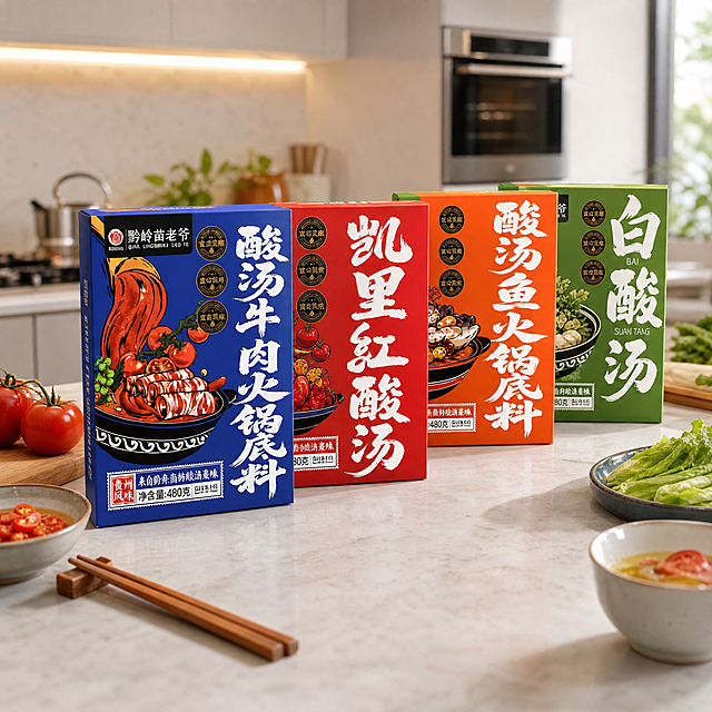 「图片1」，生成一套主图（5张），商品名称是凯里酸汤，卖点是分了四种口味的火锅底料可供选择，带有礼盒装「图片1」，适合当做伴手礼，以及送礼，适配抖音平台，主图比例为1:1请严格按照我的参考图