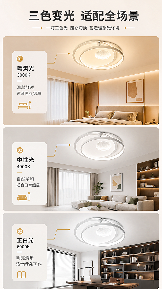 [商品] 使用【图1】M332雅致智能吸顶灯，保留产品外形结构，分别呈现暖光、中性光、白光三种发光色温效果，灯体外观一致仅光色不同。
[画面] 页面目标：展示三色变光功能及对应场景。构图：竖版9:16，上中下三段式，每段对应一种光色+场景。上段：暖黄光+卧室温馨场景；中段：中性光+客厅日常场景；下段：正白光+书房阅读场景。每段都有同款吸顶灯，仅光色和背景场景不同。阅读动线：从上到下依次浏览三种光效。
[视觉] 套系策略：风格=现代简约轻奢家居商业摄影；标题字=思源黑体粗体；正文字=思源黑体常规；主色=雅致白+浅灰；背景延展=基于白色和浅暖灰做渐变、同色系深浅层级、细腻哑光墙面质感；强调色=暖金色，仅用于小面积图标、引线和标签点缀；标题色=深炭灰；正文色=中暖灰；组件=圆角浅底信息卡、细线引线、圆点装饰；光影=每段光色对应真实色温氛围，暖光偏黄、中性光偏白、白光偏亮。
[文字] 主标题：三色变光 适配全场景；3段分别标注：① 暖黄光 3000K 温馨舒适 适合睡前/观影 ② 中性光 4000K 自然柔和 适合日常起居 ③ 正白光 6000K 明亮清晰 适合阅读/工作；每段文字横向排版在对应场景旁。
[规格] 图片比例9:16竖版，4K分辨率，避免变形、错字、文字过小、产品结构改变、光色不自然。