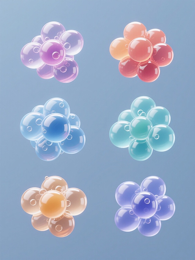 六个规整排布的现代简约风格素材，每个素材均为不同颜色的分子以不同排列方式构成的透明球体或气泡组合，保持高度光泽感的3D质感，表面有细腻的高光和内部气泡细节，整体造型圆润流畅，采用纯色背景，无任何文字、logo及水印，色彩纯净且和谐统一，光影效果自然柔和，每个素材独立成组且布局均衡，展现出科技感与简约美学的结合。