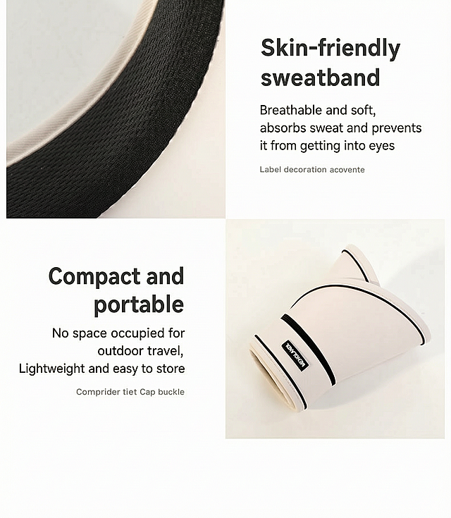 将图片中的所有中文替换为英文，翻译文案如下：“亲肤汗带”改为“Skin-friendly sweatband”，描述“透气柔软、吸收 汗液防止入眼”改为“Breathable and soft, absorbs sweat and prevents it from getting into eyes”；“小巧便携”改为“Compact and portable”，描述“户外出行不占位 轻巧方便收纳”改为“No space occupied for outdoor travel, Lightweight and easy to store”，修正底部错误的英文，保持原有的排版和画面风格不变。
