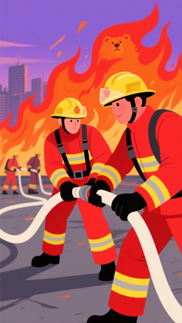 扁平化插画风格，两名身着红色消防服、黄色头盔和背带的消防员正合力紧握消防水带，背景是熊熊燃烧的橙红色火焰与紫色天空，远处可见模糊的城市建筑轮廓，另有几位消防员在后方支援，整体色调以红、橙、黄为主，色彩鲜明饱和，线条简洁流畅，展现消防员英勇灭火的紧张氛围与团队协作精神。预览效果