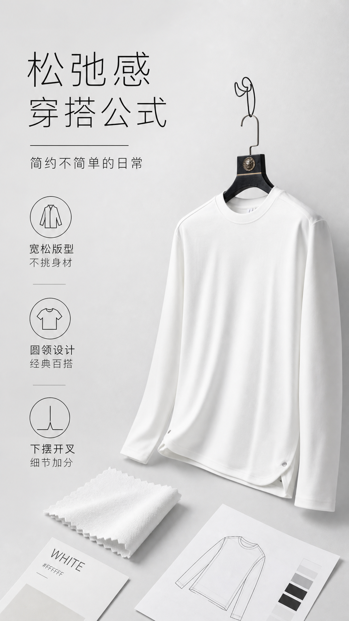 [第2张] 详情页设计理念页-极简纯色圆领长袖白色T恤版型解析… - 图片创意预览