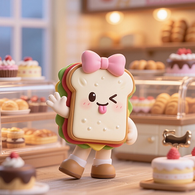 一个拟人化的三明治IP形象，头戴粉色蝴蝶结，表情调皮，眼睛弯弯带着狡黠，嘴巴微微张开吐舌头，身体呈现扭头姿势，双手做出打招呼的动作，背景是温馨的蛋糕店，货架上摆放着各种甜点和面包，灯光柔和温暖，整体氛围可爱活泼