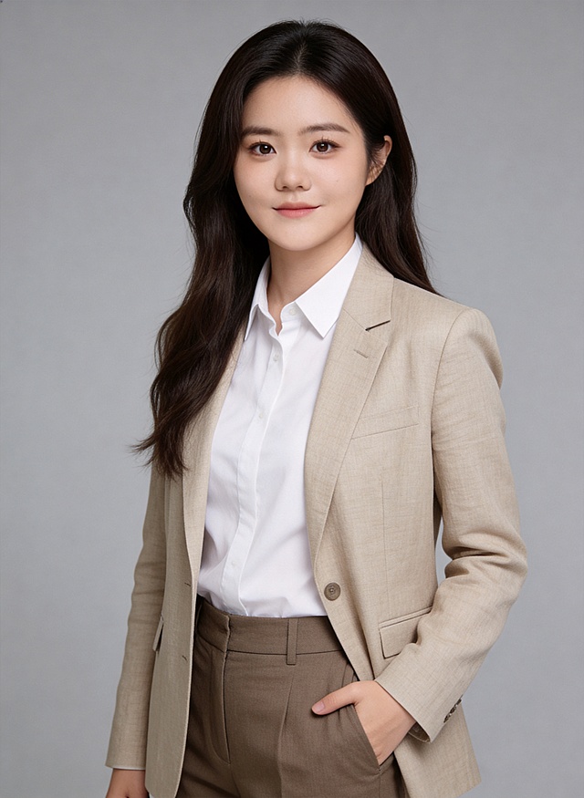 参考图中保留人物脸型、发型、年龄等特征生成职场形象照,标准焦段50mm,f/4光圈(f/2.8-f/4区间),平视视角(镜头与人物视线齐平);人物占画面70%,人物居中(居中构图),位于画面中心,为视觉聚焦点,入境范围头部及以下至臀部下方10cm(半身像);左右留少量背景空间;头部与画面顶部保留5%空间;头部发型完整,头肩比例协调,人物结构准确;身穿浅卡其色棉麻混纺休闲西装外套,(平驳领设计,面料呈细腻微微哑光质感);内搭白色衬衫;下装深卡其色棉麻混纺休闲西裤;着装商务休闲干练;专业沉稳亲和;身形匀称,姿态端正,身体挺拔。呈左手插兜的自然姿态，肢体放松且自信;发质微微柔顺，微微蓬松。简约微微中度灰色纯色背景(呈现均匀柔和质感),背景光线均匀柔和,强化色彩对比的高级感。极简干净;32k画质超高分辨率、细节清晰,现代精致感风格;肤质精细化处理;眼神直视镜头,目光坚定且澄澈,表情自然。嘴角上扬;韩式美颜磨皮精致妆容,自然裸妆(清透底妆+淡色唇妆),妆感轻薄,肤质精细化处理;白皙清透肤质透亮,微微柔光提亮,细腻无瑕,通透高级感干净清透肤质,肤色均匀,肌肤柔光美白细腻,自然提亮,光影柔和通透水光肌,肤质细腻平滑干净哑光肤质,无油光无暗沉;干净肤色,健康肤色,无蜡黄,无暗沉,无黄皮,肤质细腻,高清皮肤细节;微微修饰脸型,肤质哑光细腻,面部雾面柔光,轻透裸肌感,真实毛孔纹理,杰作,最佳画质,超高细节,写实摄影,中近景人像,面部清晰,五官精致,皮肤细腻通透,白皙清透皮肤,干净肤色,柔光,正面补光,面部光线均匀明亮,无浓重阴影,冷色调白平衡,画面干净清新,色调明亮,对焦清晰;分辨率4K,去除人物之外的所有元素。严格按照图片内容生成。