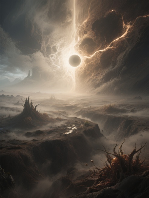 超现实风格的创世场景，天地未成形前的混沌状态，明暗不分的迷蒙大气，阴阳参合的能量流动，万物初生的朦胧意象，上帝视角俯瞰，电影级光影渲染，画面宏大神秘，细节精心描绘，大师级构图预览效果