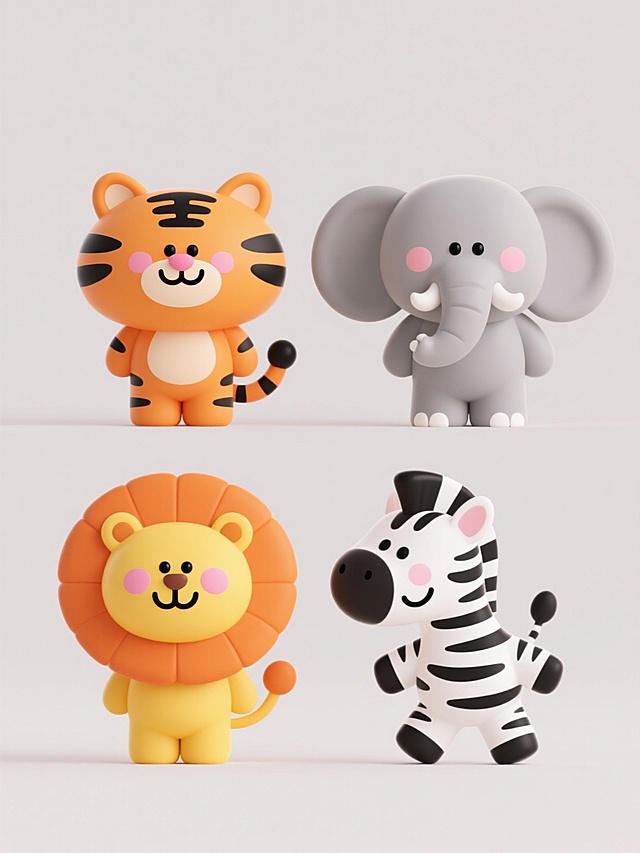 软3D风格，四个可爱卡通动物角色规整排列在同一画面中形成和谐系列素材集合，每个角色独立在纯色背景上，色彩鲜明且充满童趣。第一个是黄色身体、橙色鬃毛的微笑狮子，脸颊有粉色腮红，轮廓线条圆润；第二个是橙色身体、黑色条纹的微笑老虎，面部表情温和；第三个是灰色身体、白色象牙的微笑大象，耳朵宽大；第四个是白色身体、黑色条纹的微笑斑马，姿态活泼。整体采用圆润的造型设计，明亮饱和的色彩搭配，简洁的背景突出角色主体，充满童真趣味的视觉效果。