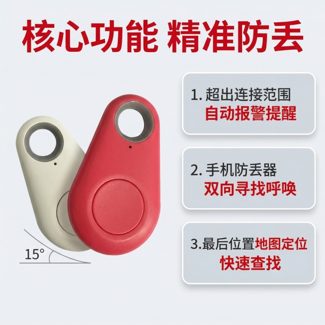 [主图 2] 防丢器核心卖点展示图
[氛围/风格] 科技清晰风，干净利落，信息直观
[画面元素] 防丢器产品主体斜放15度在左侧，右侧排列三个功能卖点卡片，背景为浅灰色极简背景，保留产品原始外观和配色预览效果