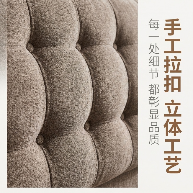 画布比例严格1:1，严格还原上传的产品图，包括产品造型、颜色、拉扣细节等所有细节，产品尺寸比例保持1:1。主视觉：床头高靠背拉扣工艺特写，近距离聚焦三排拉扣软包，专业影棚侧光突出拉扣立体饱满度、缝线工预览效果