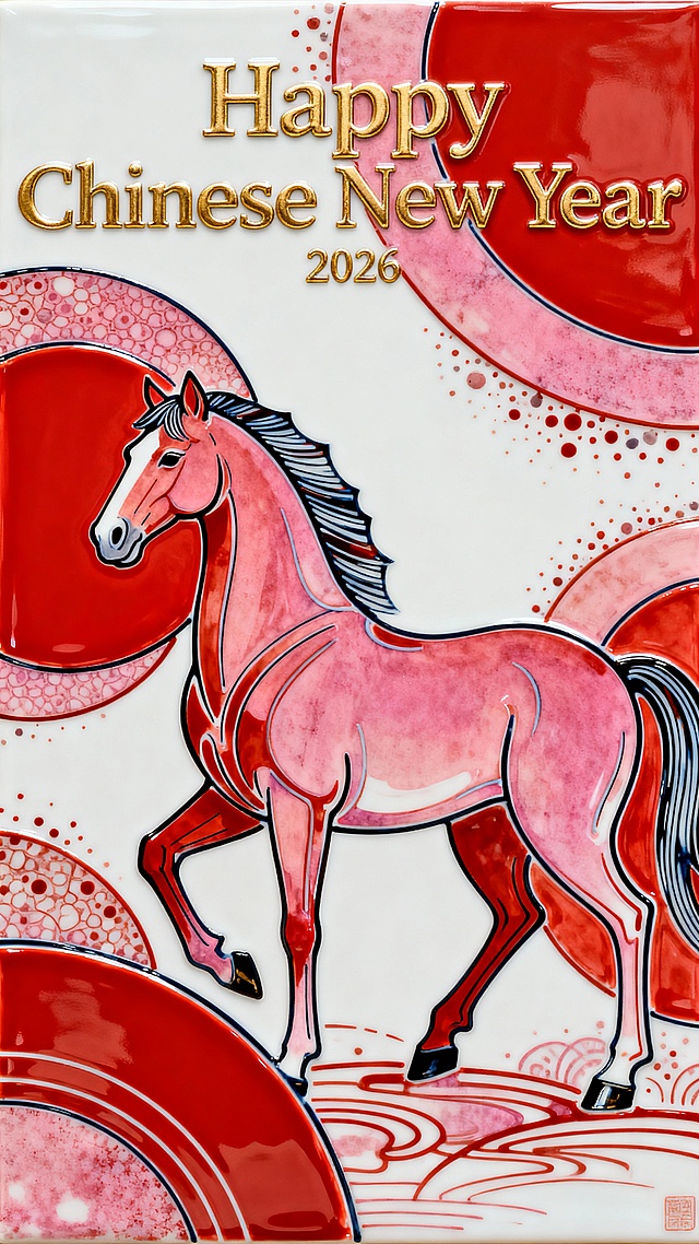 矢量插画，抽象线条与曲面线条，线条画，柔美色块构成，极简主义，以红色系为主的多巴胺色系，线条设计叠加多个不规则弧形色块组成的马，自然，装饰，超现实派，背后融合时尚金色大字体主标题英文“Happy Chinese New Year”作为点缀，小字“2026”大师构图，极简海报，高清画质，大师作品，背景有少部分白色留白，获奖海报