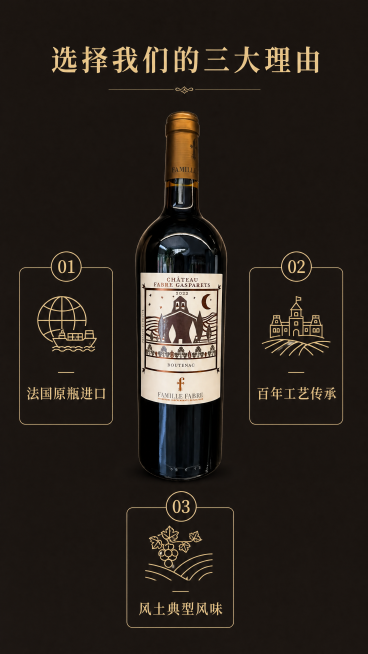 [第7屏] 核心卖点拆解三理由屏，法伯酒庄红葡萄酒。本屏使用【图1】作为产品主体，保持酒瓶外观与输入产品图一致。
[氛围/风格] 清晰信息展示，简约高级，商业设计感，光影均匀。
[元素布局] 中心位置预览效果