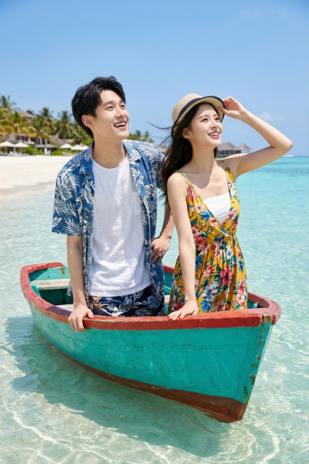 一男一女两个人物模特穿着休闲海边度假服装，站在一艘迷你小船上，在清澈的蓝色海面，两个人一起抬头望向右侧，阳光明媚的夏日海滩场景，高清写实摄影，风格幽默清新预览效果