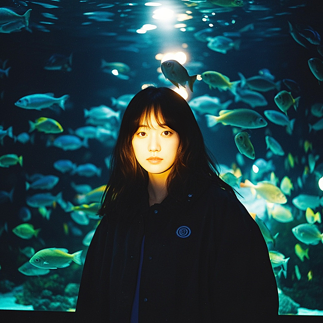 一个女生站在海洋馆里看鱼群