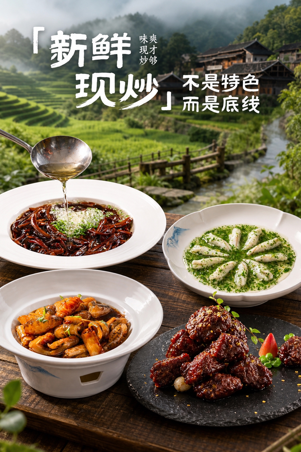 图生图合成：将4张美食原图（响油鳝丝、翡翠鱼卷、酱烧海鲜、黑椒… - 图片创意预览