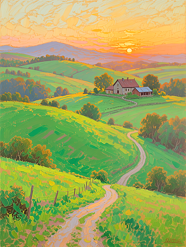 描绘夕阳下的乡村景色，绿野小径通向农舍，色彩丰富，适合自然主题宣传