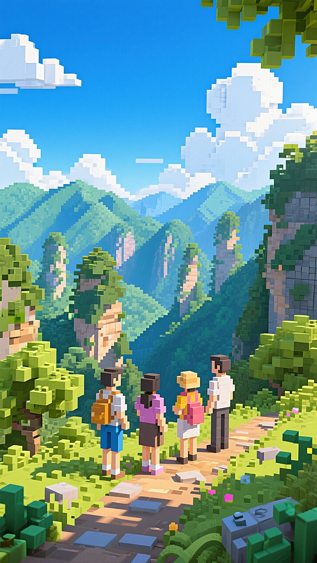 像素风虚拟现实，清新自然景观，地点在湖南张家界，群山环绕，从游客后面的视角望去，表达人物探索未来世界的好奇。