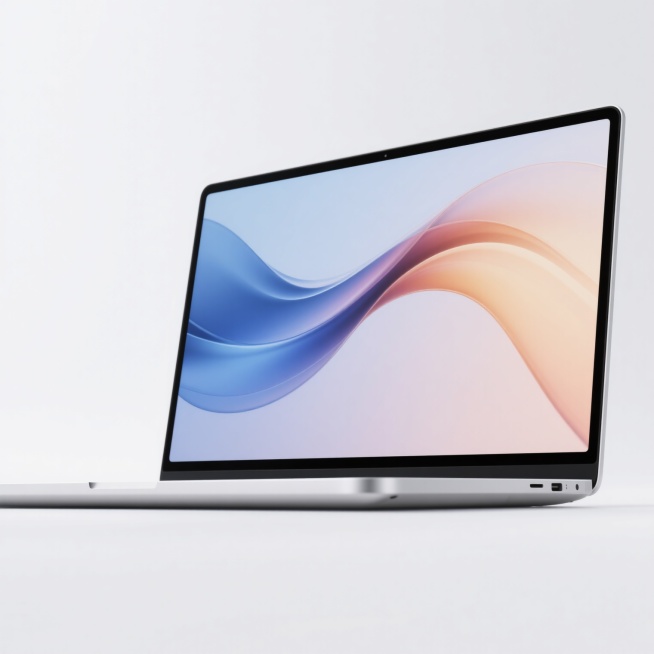 一张银白色金属质感笔记本电脑的产品展示图，电脑屏幕中显示着流畅优雅的渐变色抽象波浪图案（颜色可调整为除蓝色外的其他渐变色调），从略微不同的角度拍摄以展现笔记本的轻薄机身和精致细节，整体置于纯净的纯白色背景上，光影柔和自然，突出科技产品的简约设计感与现代美学，高清晰度，产品主体清晰锐利。预览效果