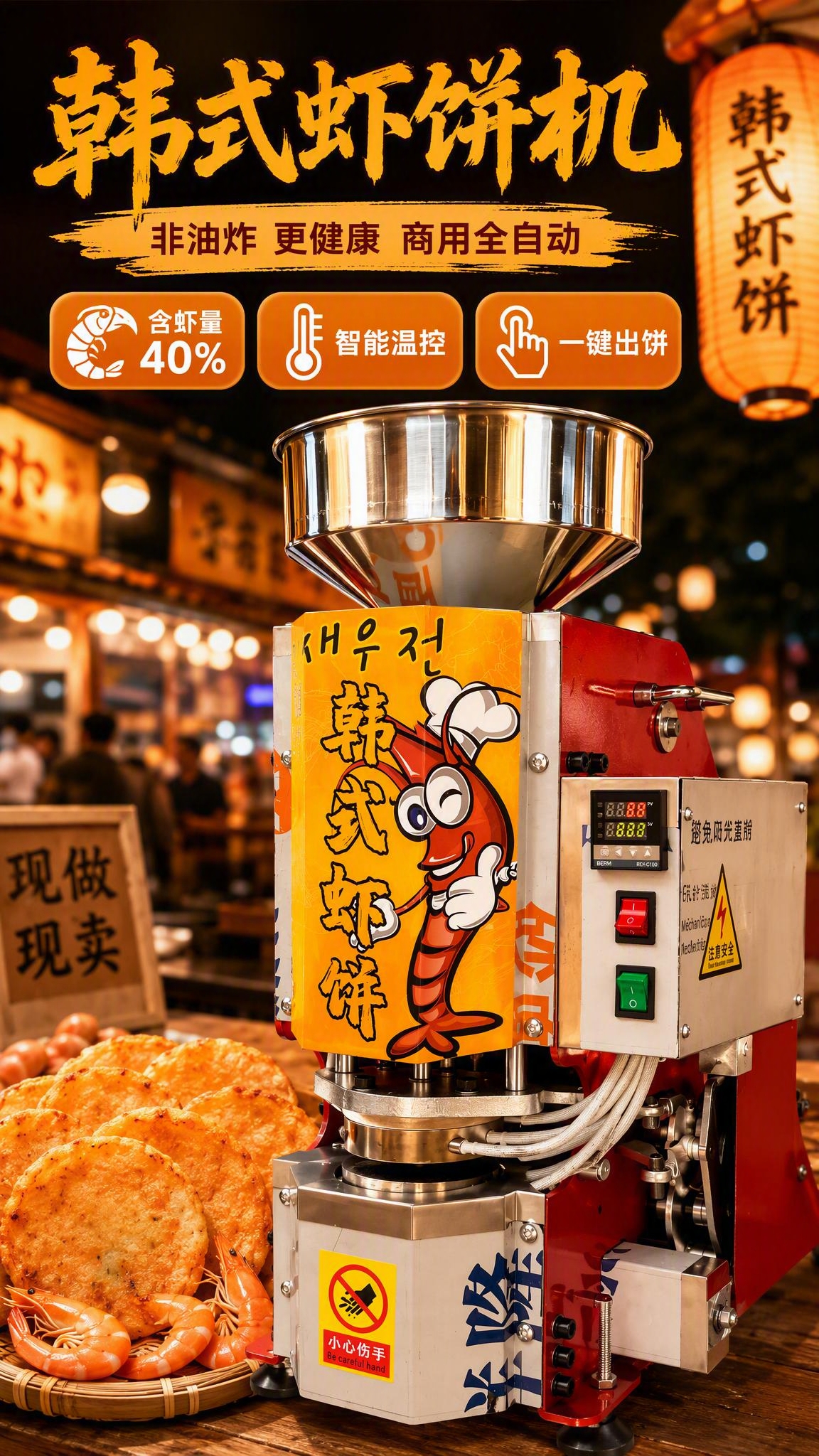 韩式虾饼机商用详情页头图海报，竖版9:16构图。使用参考图中的… - 图片创意预览