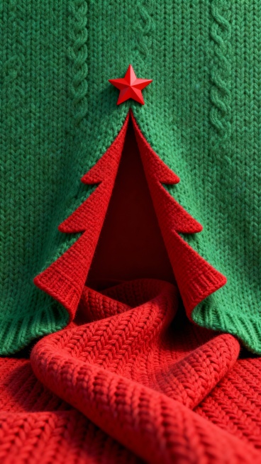 现代创意设计，融合3D立体元素与织物质感。主题是由绿色织物背景掀开的红色“圣诞树形状”织物通道，通道顶端有一颗红色星星。背景采用绿色针织纹理布料，下方是红色针织纹理布料，营造出织物折叠的创意视觉。色调预览效果