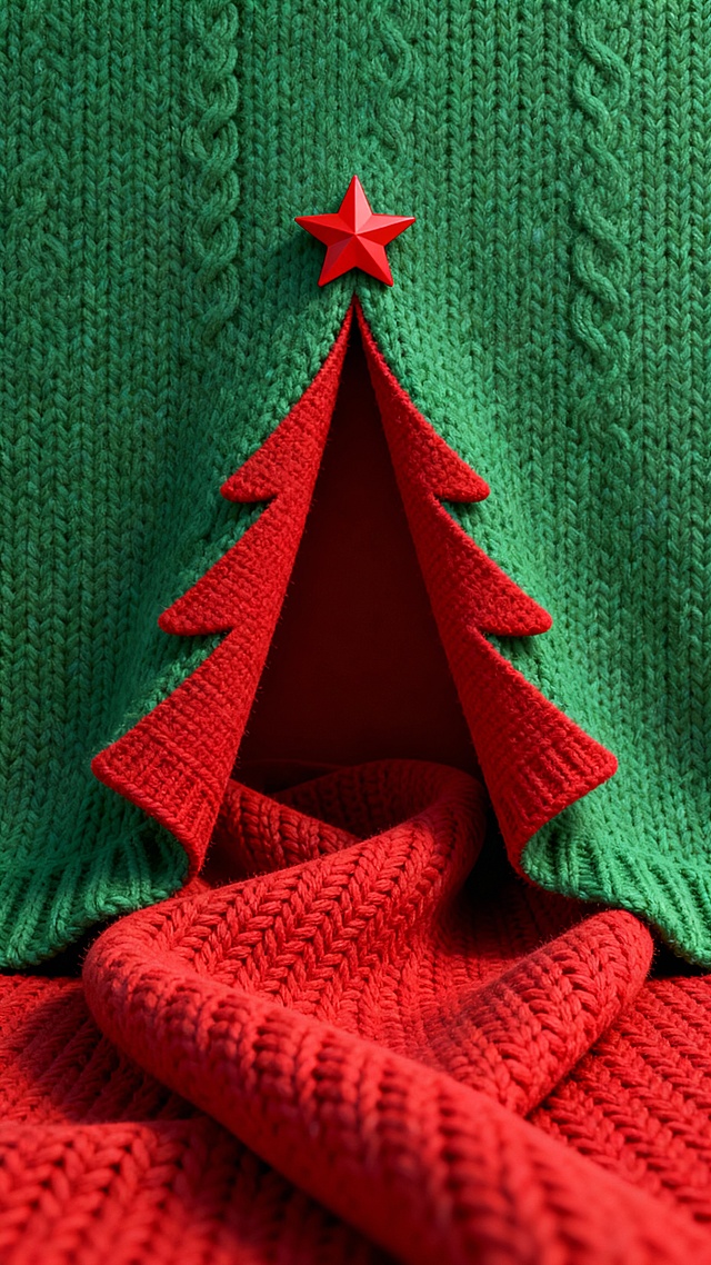 现代创意设计，融合3D立体元素与织物质感。主题是由绿色织物背景掀开的红色“圣诞树形状”织物通道，通道顶端有一颗红色星星。背景采用绿色针织纹理布料，下方是红色针织纹理布料，营造出织物折叠的创意视觉。色调以圣诞红、翠绿为主，形成鲜明的节日色彩对比。细节上体现织物的针织纹理，以及红色织物折叠的自然褶皱。