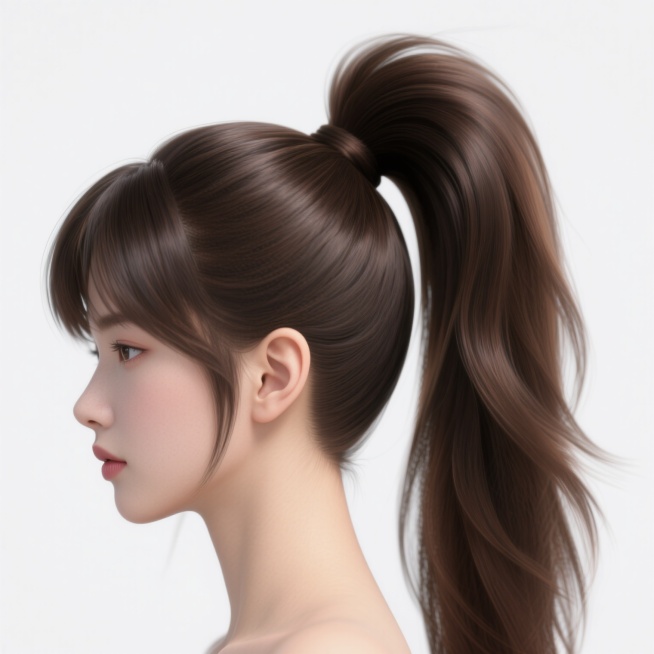 一张纯头发素材图片，白色背景，3D质感的渐变发丝，发丝纹理清晰，高光表现自然，阴影细节丰富，整体呈现出光滑柔顺的质感。画面中是一个时尚的高马尾发型，头发颜色为深棕色，发丝蓬松且富有层次感，发尾微微内扣。顶部头发高耸，形成饱满的弧度，两侧头发紧贴头皮，展现出利落的线条感。没有脸部，只有头发和部分耳部轮廓，耳部皮肤颜色自然，与头发形成和谐的对比。整体构图简洁大方，视觉焦点集中在头发上，突出了发型的……预览效果