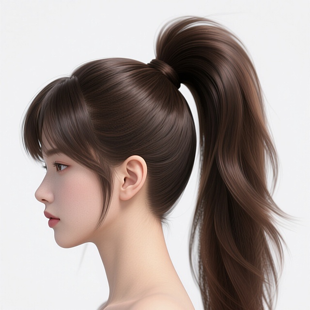 一张纯头发素材图片，白色背景，3D质感的渐变发丝，发丝纹理清晰，高光表现自然，阴影细节丰富，整体呈现出光滑柔顺的质感。画面中是一个时尚的高马尾发型，头发颜色为深棕色，发丝蓬松且富有层次感，发尾微微内扣。顶部头发高耸，形成饱满的弧度，两侧头发紧贴头皮，展现出利落的线条感。没有脸部，只有头发和部分耳部轮廓，耳部皮肤颜色自然，与头发形成和谐的对比。整体构图简洁大方，视觉焦点集中在头发上，突出了发型的设计感和时尚感。