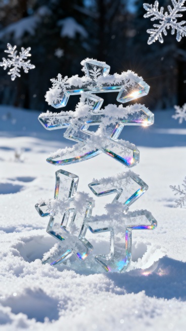 背景是皑皑白雪个别特写的雪花：前景是晶莹剔透“安好”蓬松雪花繁体字，冰雕雪花纹理描边，多层冰块玻璃质感叠加有一定厚度，重重的扎在松软白茫茫的雪地里，文字四周有深深的凹痕，有道光线照射在边缘上，文字折射预览效果