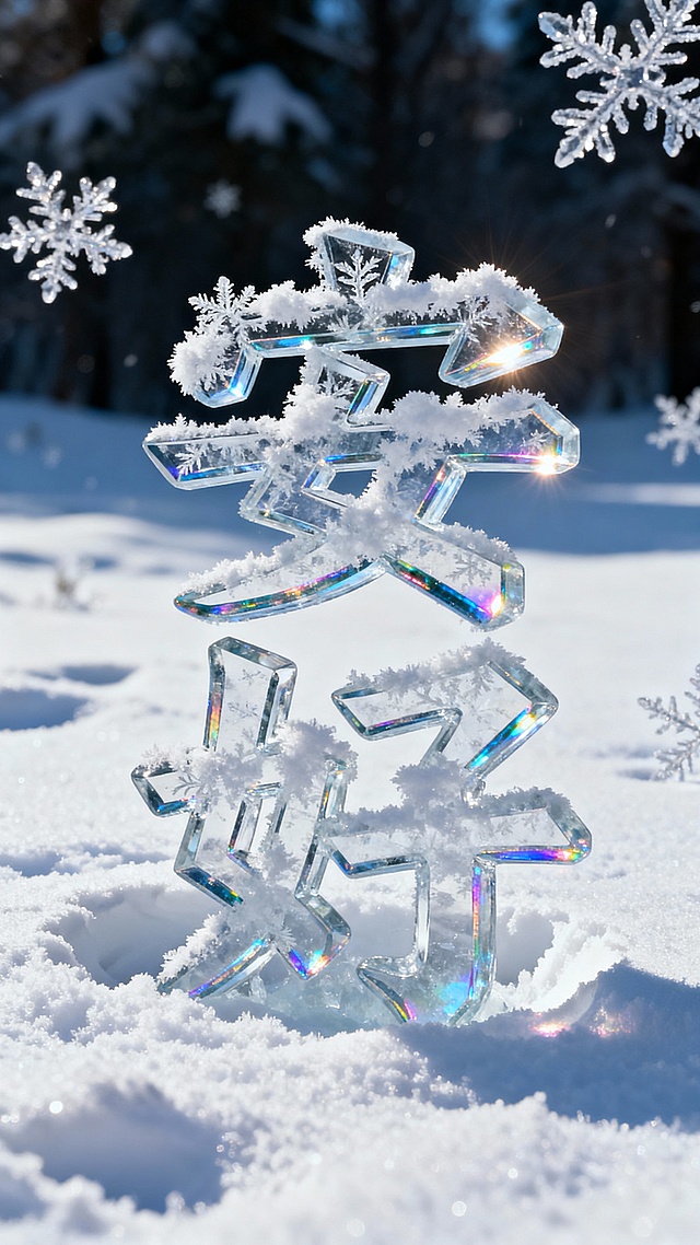 背景是皑皑白雪个别特写的雪花：前景是晶莹剔透“安好”蓬松雪花繁体字，冰雕雪花纹理描边，多层冰块玻璃质感叠加有一定厚度，重重的扎在松软白茫茫的雪地里，文字四周有深深的凹痕，有道光线照射在边缘上，文字折射出彩色光泽。画面清透明亮极致高清