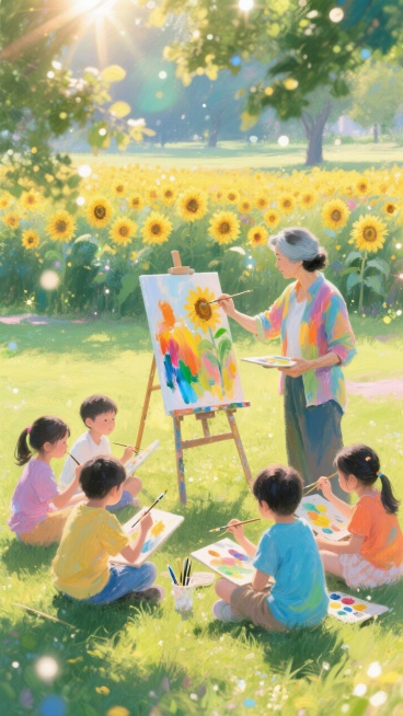 老师站在画板前做示范，一群孩子在绿意盎然的公园围坐在一起画画。阳光透过树叶洒下，远处有一片向日葵花海，营造出温暖、惬意氛围，仿佛能让人感受到那份无忧无虑的美好，以明快色彩呈现预览效果
