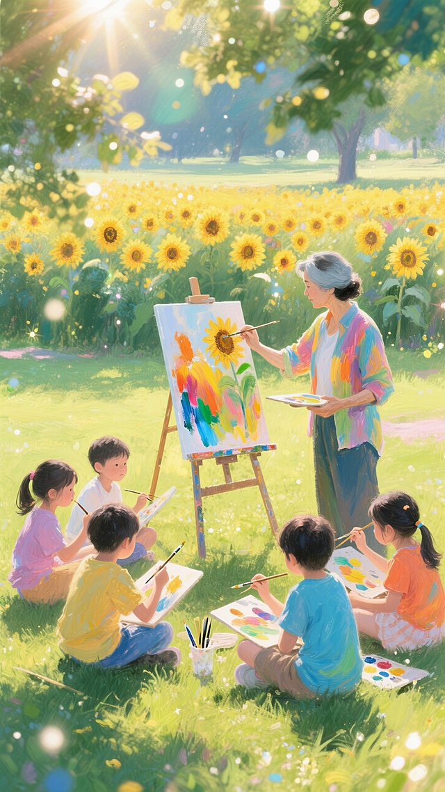 水彩风插画，清新感十足，印象画派手法描绘师生共绘向日葵，阳光明媚。