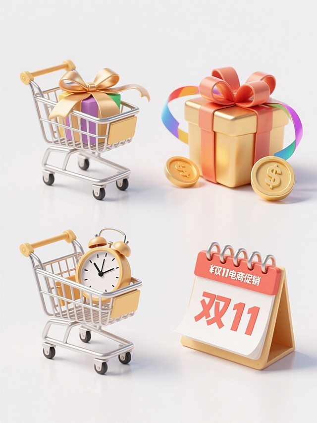 一组4个不同配色、不同样式、不同材质的「双11电商促销元素」，3D立体建模风格，干净简洁的白色背景，每个元素包含金属质感购物车、系着缎带的礼品盒、金色硬币、彩色飘带、闹钟和标注“双11”的日历，光影柔和，高光清晰，阴影细腻，材质表现真实（金属的反光、布料的柔软、纸张的质感），构图均衡，信息传达直接，符合电商促销的欢快氛围和视觉层级，适用于电商素材使用。
