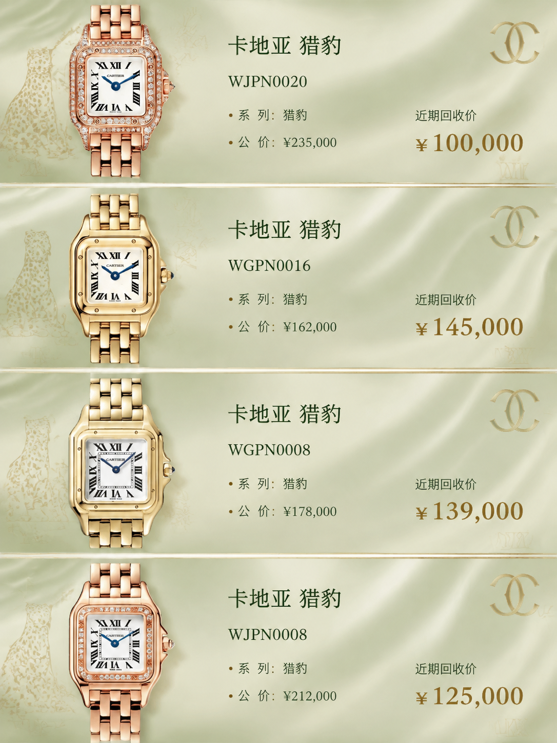 保持图中所有手表产品、型号编号、公价、近期回收价等文字信息和产… - 图片创意预览