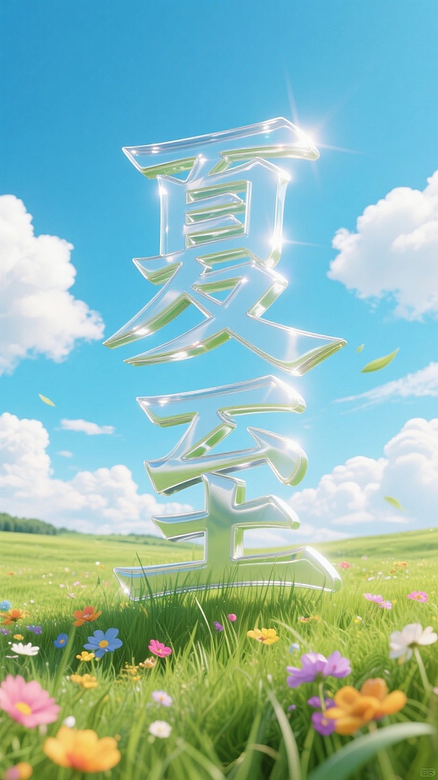 “夏至”3D立体字为中心的夏至节气海报，蓝天白云，草原鲜花