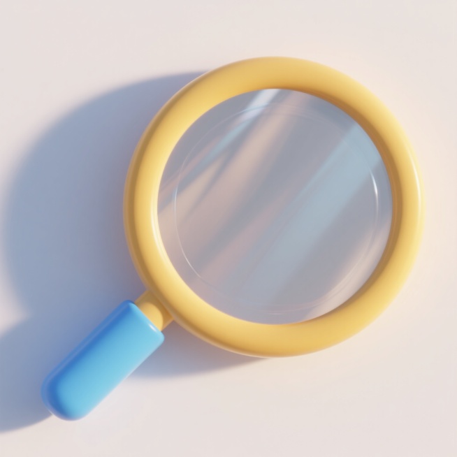 以3D卡通渲染风格呈现，黄色圆形镜框带有轻微圆角处理，内部透明玻璃呈现真实折射效果，蓝色圆柱形手柄带有细腻的塑料质感纹理，整体具有柔和的体积光照明，白色背景下呈现清晰的物体阴影和微妙的环境光反射。预览效果