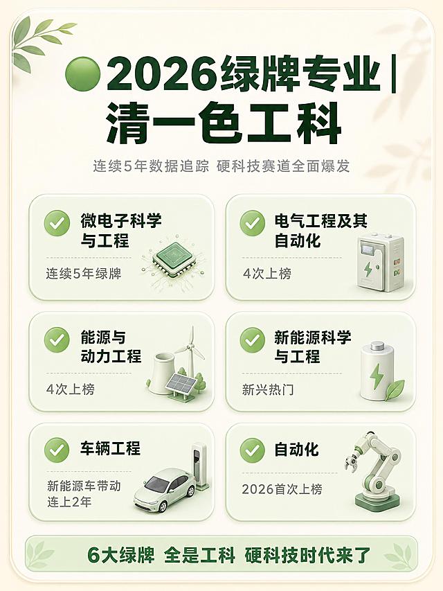 小红书图文内页，暖色调简约风，米白色背景，柔和圆角卡片，3:4竖版。顶部标题深绿色粗黑体：「🟢 2026绿牌专业｜清一色工科」，副标题浅灰色小字：连续5年数据追踪 硬科技赛道全面爆发。下方六个浅绿色圆角卡片，两列三行排列，柔和阴影，每张卡片左侧有绿色小对勾：第一张：微电子科学与工程 连续5年绿牌；第二张：电气工程及其自动化 4次上榜；第三张：能源与动力工程 4次上榜；第四张：新能源科学与工程 新兴热门；第五张：车辆工程 新能源车带动 连上2年；第六张：自动化 2026首次上榜。底部浅绿色圆角条深绿色字：「6大绿牌 全是工科 硬科技时代来了」。整体温暖清新，绿色柔和不刺眼，文字全部在安全区内。4K高清。