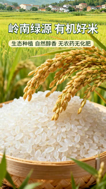 岭南绿源生态农业有机大米宣传海报，主视觉是饱满的原生态有机稻穗和晶莹透亮的大米颗粒，搭配岭南乡村清新自然的稻田风光作为背景，整体色调为清新的自然绿色和暖金色，凸显绿色生态、健康有机的产品特质。画面上方预览效果