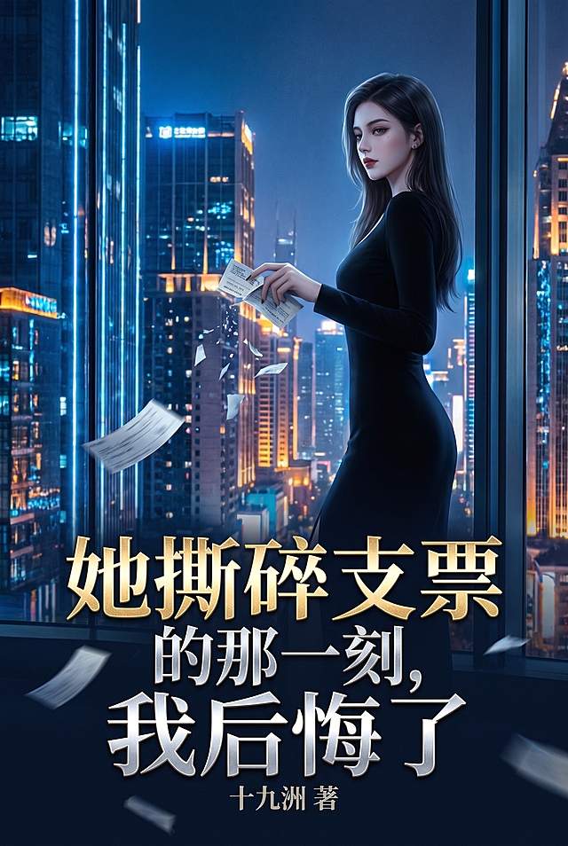 都市言情小说竖版封面，书名“她撕碎支票的那一刻，我后悔了”，作者“十九洲 著”，冷艳霸气风，冷艳高级感配色深蓝+银灰+金色。主视觉：一位穿黑色修身长裙的年轻女性，侧身站在落地窗前，窗外是璀璨的城市夜景，有霓虹灯和高楼。她修长的手指正撕碎一张支票，碎片在空气中散落，有几片飘到前景。表情淡漠疏离，眼神略带嘲讽，嘴角微扬。整体冷蓝色调为主，远处暖色霓虹灯光点缀，对比强烈，强冲突爽文基调，2:3竖版。