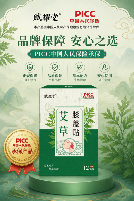 赋耀堂艾草膝盖贴品牌信任背书图，展示PICC中国人民保险承保标识，搭配品牌logo，绿色国风背景，突出正规保障，增强信任感预览效果