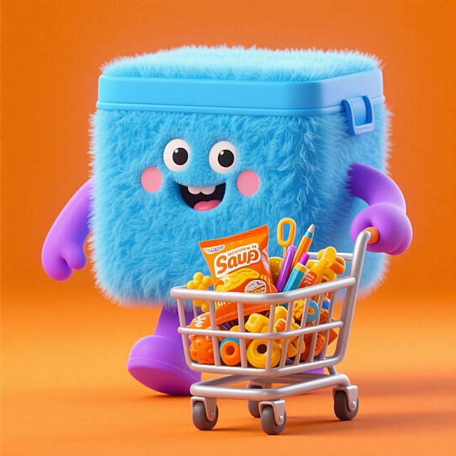 3D卡通风格，拟人化毛绒收纳盒推着购物车，充满可爱与趣味感，毛发生长质感细腻，双11节日氛围轻松欢乐。