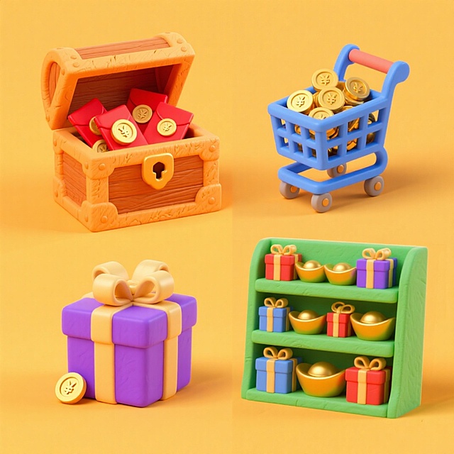 软3D风格微缩艺术，卡通感十足的财宝场景，融合粘土质感与喜庆元素，展现可爱又欢乐的双11节日氛围。