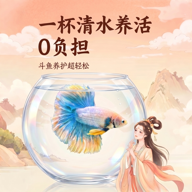 将图二的背景替换成和图一相同的暖橙色国风背景，保留玻璃鱼缸、斗鱼、古风美人以及所有文字内容不变预览效果