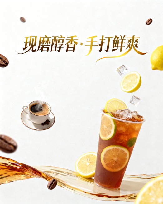 帮我制作一个图片，主题是：现磨咖啡☕️，手打柠檬茶，要有产品同时还要展示卖点，画面高级吸引人 突出主题 字体也许吸引人高级预览效果
