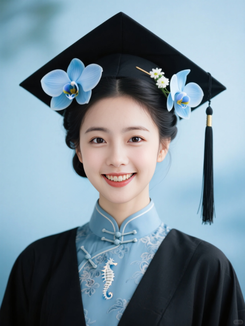 女生，学士服证件照，复古妆容，古典低盘发戴学士帽，黑色穗子，头上簪两朵浅蓝色的蝴蝶兰和白色小花，黑色学士服领口有复古花纹，内衬是淡蓝色旗袍盘扣领口，浅蓝色朦胧背景，露齿笑预览效果